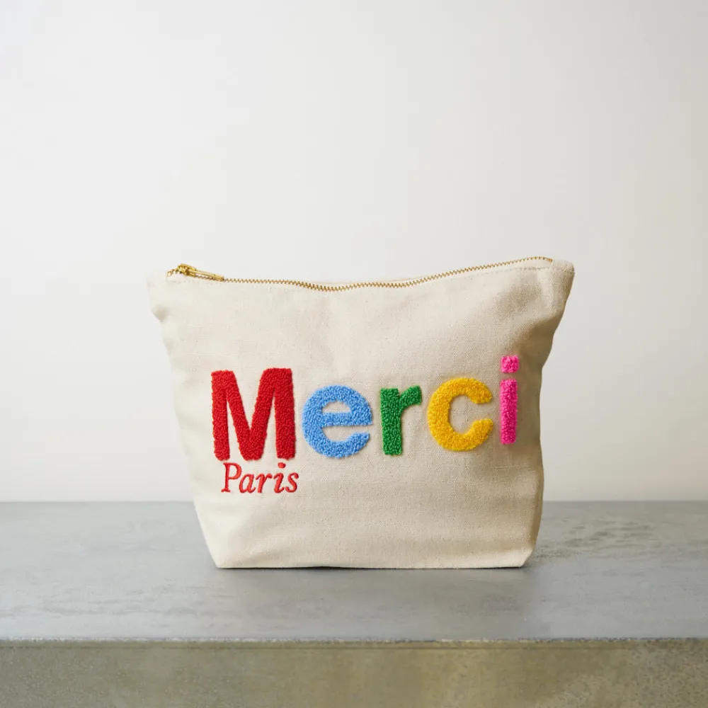 Clearance V01 Merci - Pochette en coton Bouclette - Ecru & Multicolore
