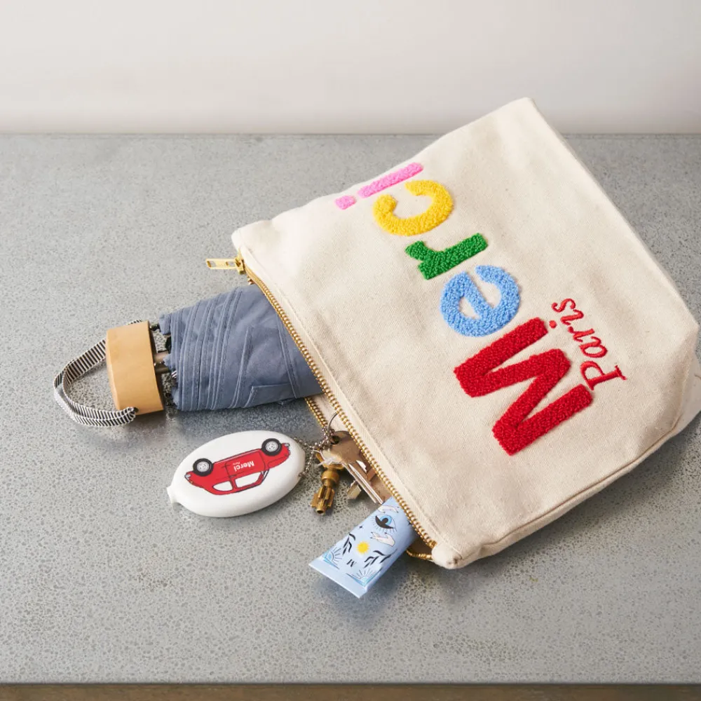 Clearance V01 Merci - Pochette en coton Bouclette - Ecru & Multicolore
