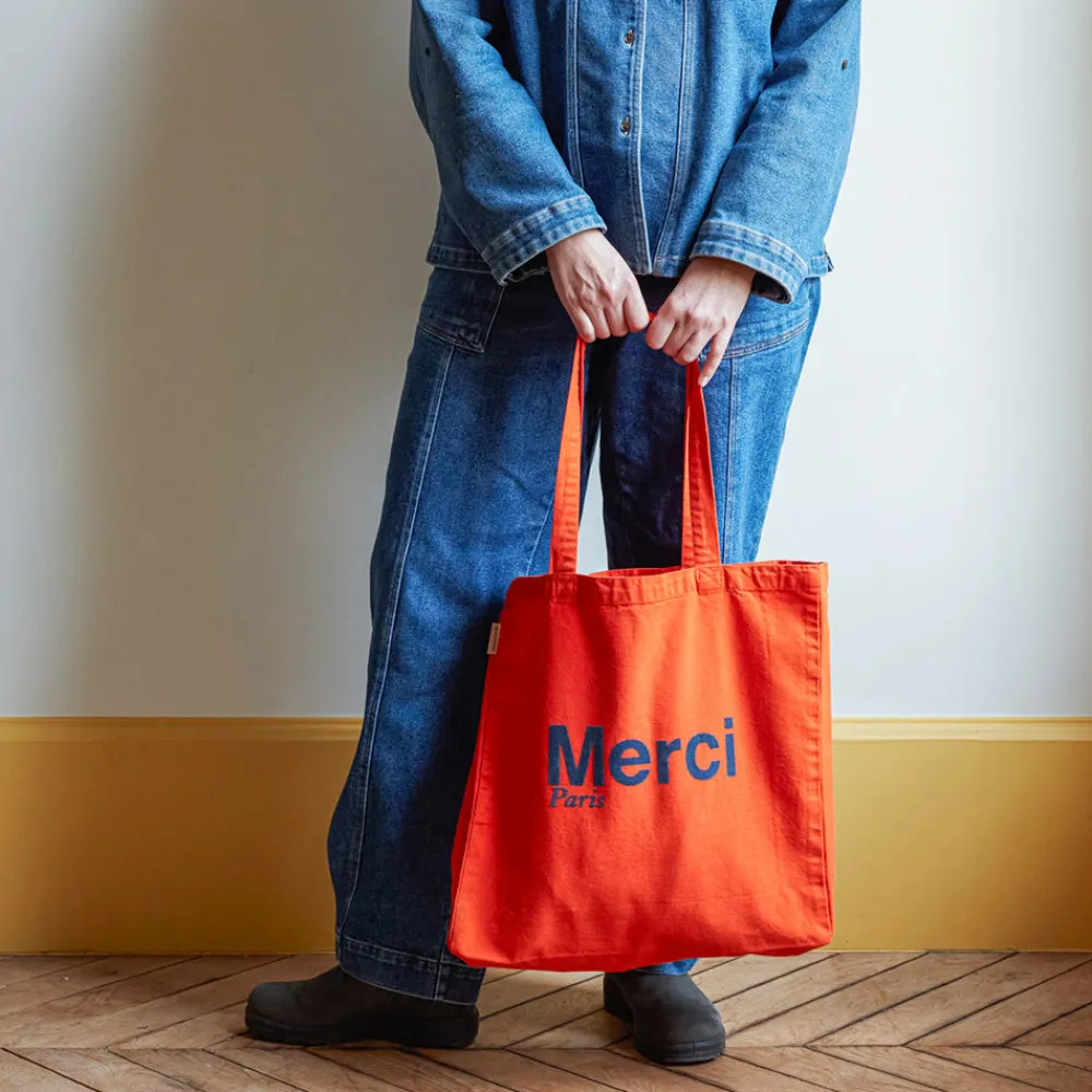 New MERCI - Tote Bag en coton - Orange & Bleu Marine