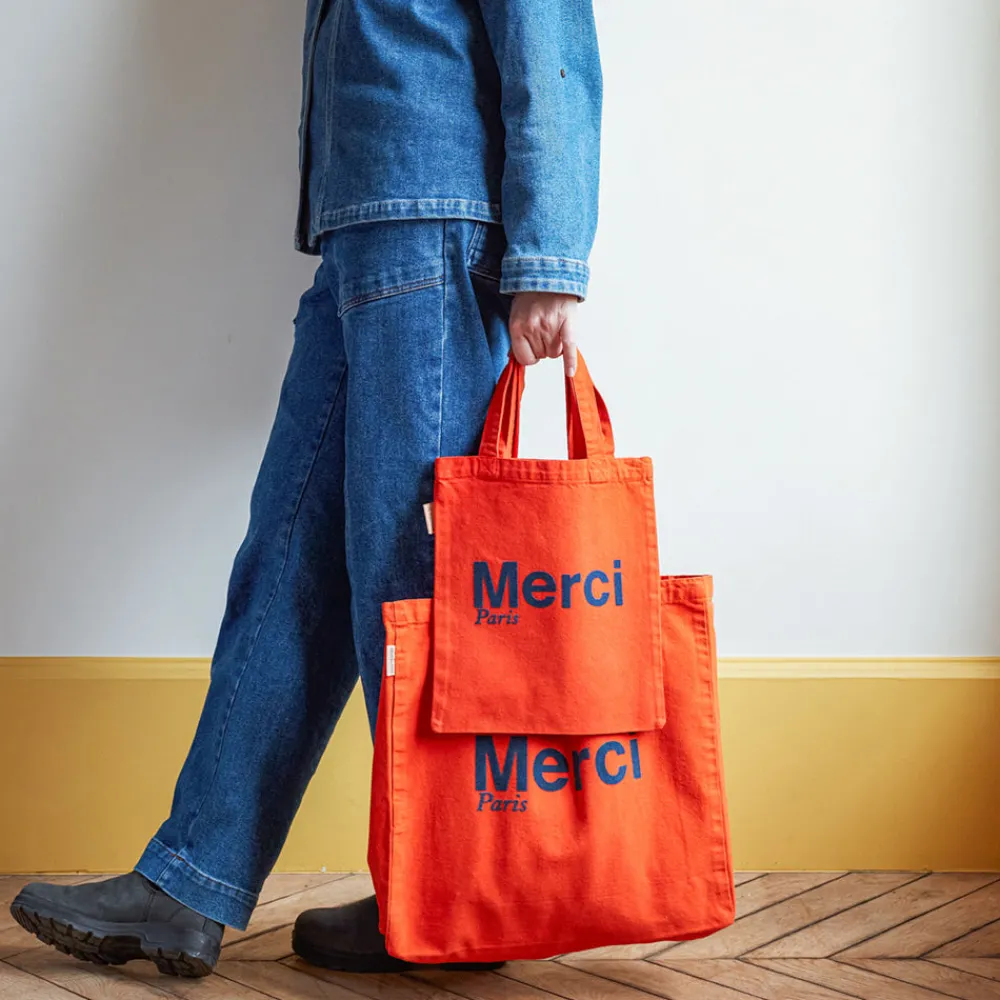 New MERCI - Tote Bag en coton - Orange & Bleu Marine