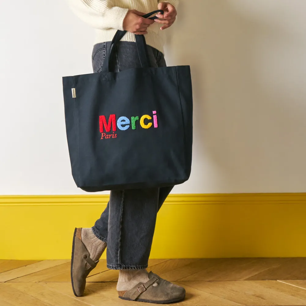 Clearance V01 Merci - Tote Bag en coton Bouclette - Noir & Multicolore